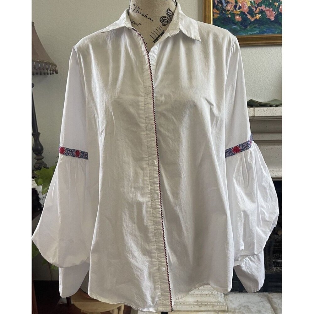 The Shirt by Rochelle Behrens Western White Button Down Ballon Sleeves Size XL